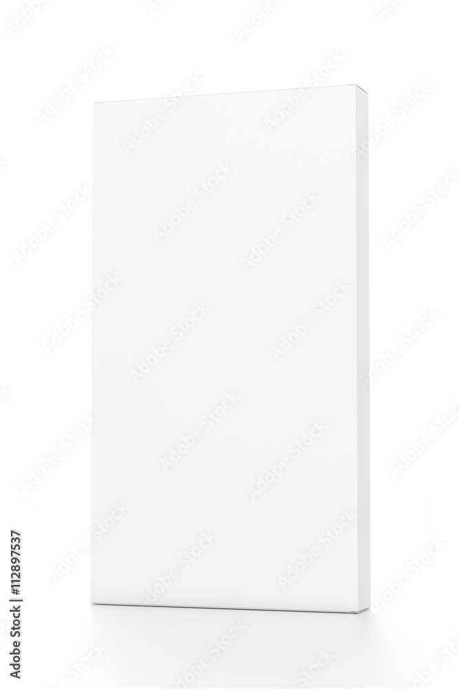 White tall thin vertical rectangle blank box from front far side angle. 3D illustration isolated on white background. White tall thin vertical rectangle blank box from front far side angle. 3D illustration isolated on white background.