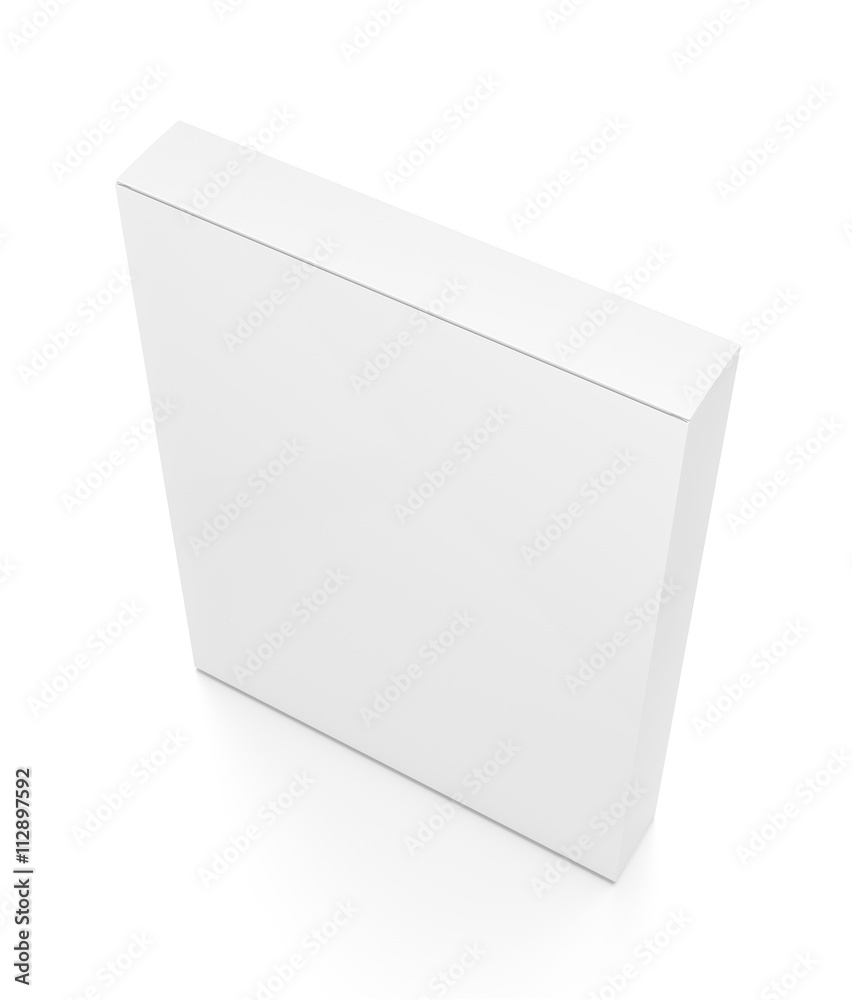 White thin vertical rectangle blank box from top side angle. 3D illustration isolated on white background. White thin vertical rectangle blank box from top side angle. 3D illustration isolated on white background.