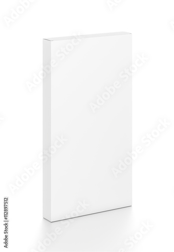 White tall thin vertical rectangle blank box from top front side angle. 3D illustration isolated on white background.