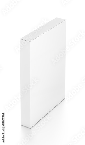 White thin vertical rectangle blank box from top far side angle. 3D illustration isolated on white background.