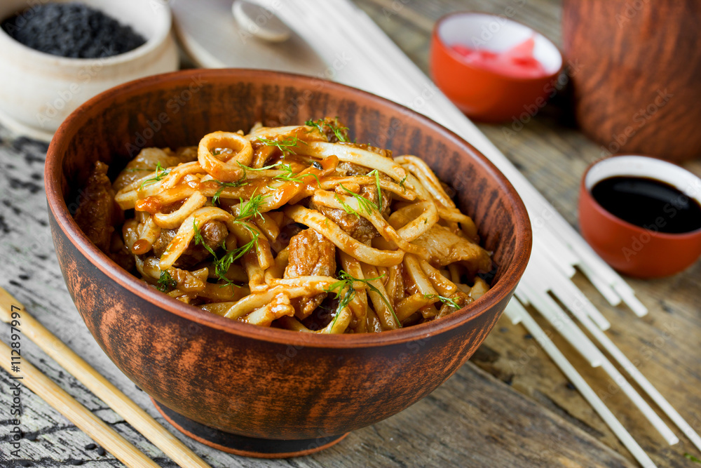 Udon noodles with meat pork in sauce Udon noodles with meat pork in sauce