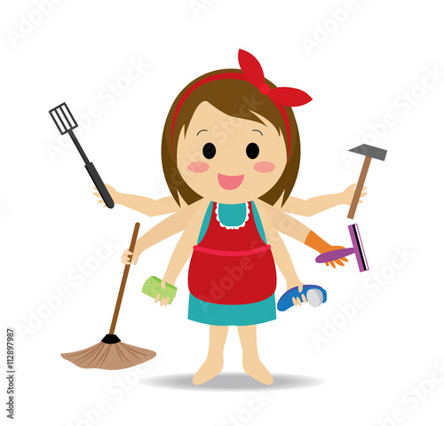 Vector of cute housewife or maid multitasking with working arms doing different actions
