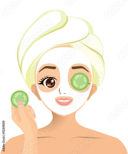 Vector of girl facial mask with cucumber slice mask