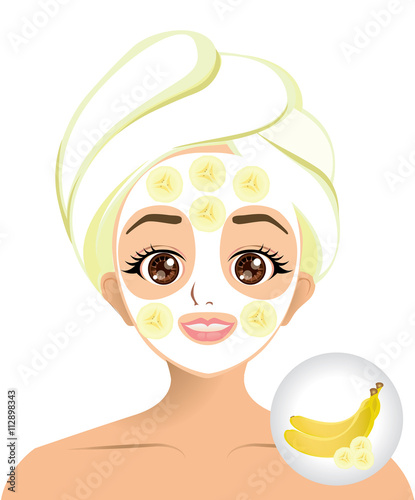 Vector of Cartoon girl with banana slice facial mask 