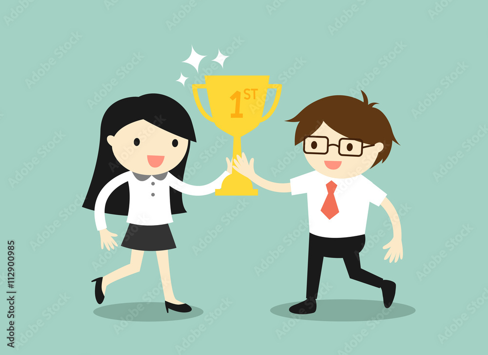 Business concept, businessman and business woman holding trophy. Vector illustration.