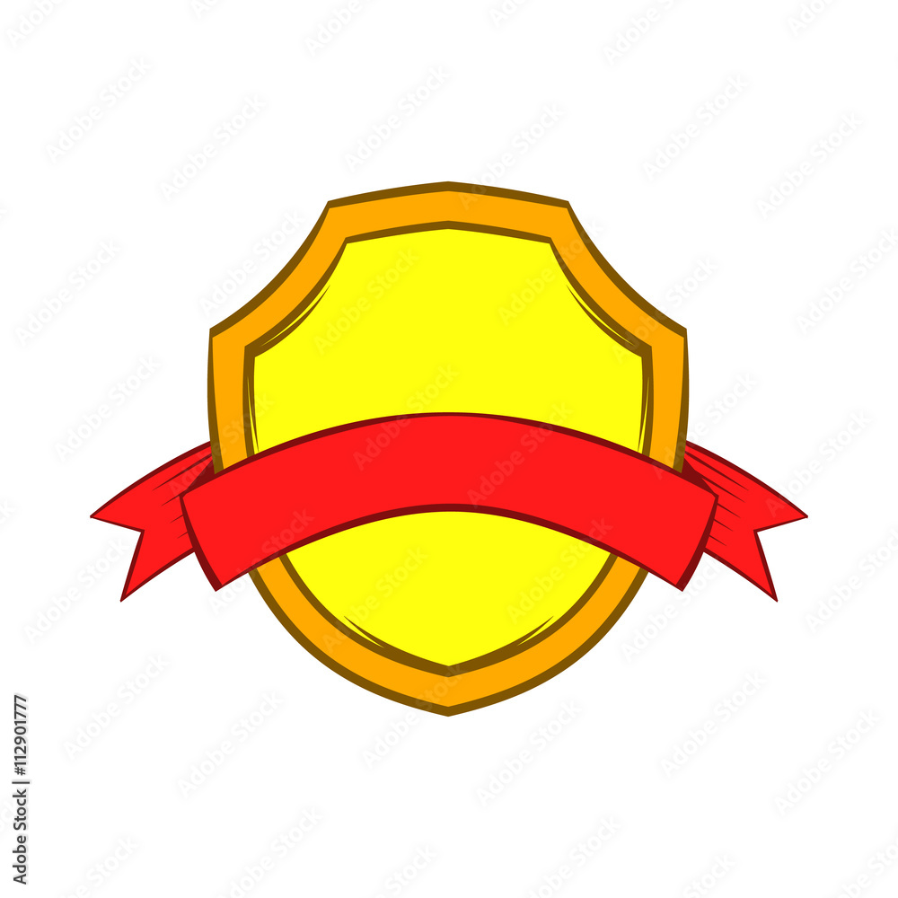 Gold shield with red ribbon icon, cartoon style Gold shield with red ribbon icon, cartoon style