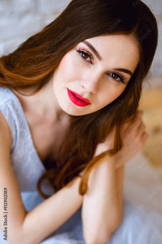 Bride in a tender light blue wedding dress in a morning. Fashion beauty portrait Bride in a tender light blue wedding dress in a morning. Fashion beauty portrait
