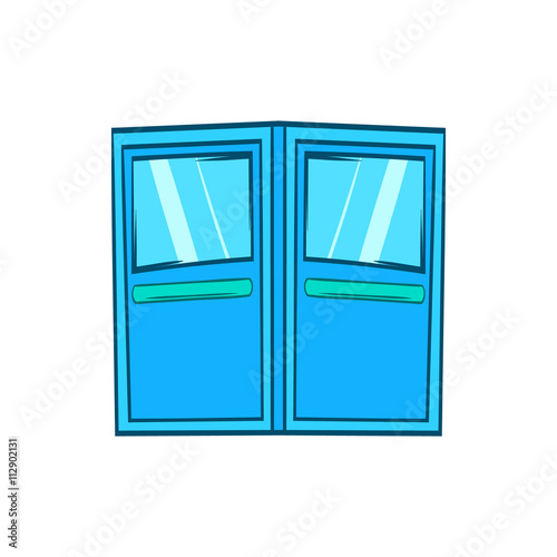 Blue double entrance doors icon, cartoon style