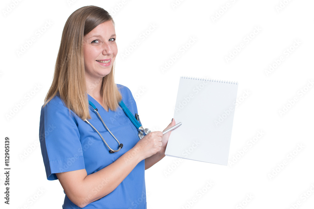 Doctor pointing at blank white paper Doctor pointing at blank white paper