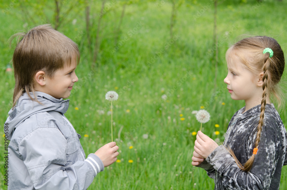 Boy and girl Standing In Field Showing Dandelions Boy and girl Standing In Field Showing Dandelions