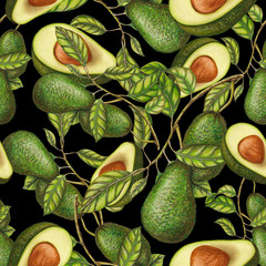 Acrylglasbilder Avocadomuster Handgezeichnete Avocados auf Dunklem Grund  © arevka