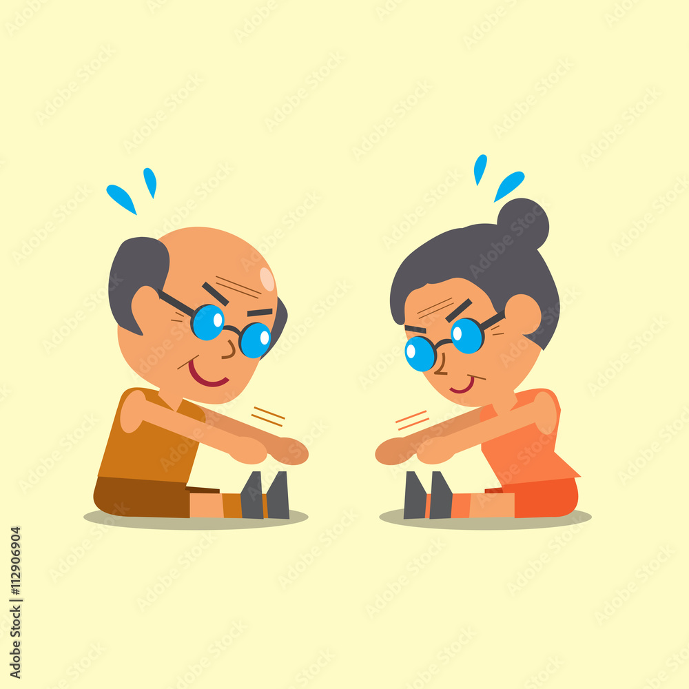 Cartoon senior man and senior woman do sitting toe touch exercise