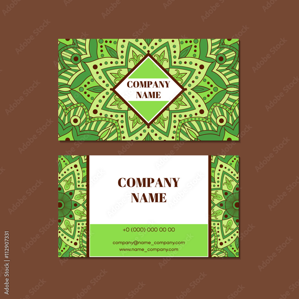 Oriental business card template vector. Ornamental mandala visiting card template. Indian or arabic green pattern design layout. Indian, Islam, Arabic, turkish motifs. Front page and back page.