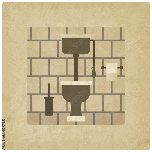 interior with high tank toilet bowl old background