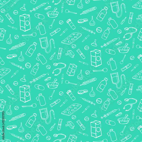 Seamless pattern with hand drawn icons for medicine and health. White medic icons - syringe, pipette, vial, bottle, blister, tablet, flask, Capsule, stethoscope on turquoise background endless pattern