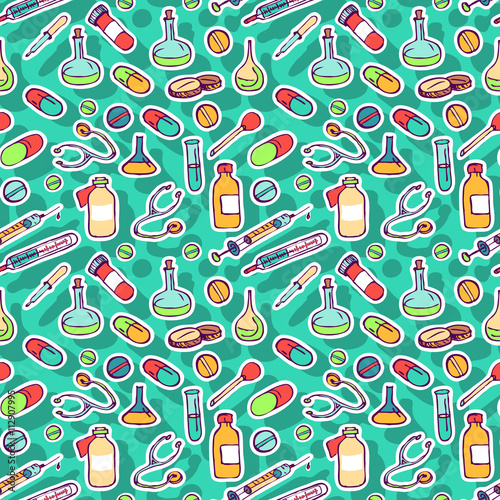 Seamless pattern endless with hand drawn ink icons for medicine and health on turquoise background. Colorful medic icons - syringe, pipette, vial, bottle, blister, tablet, flask, Capsule, stethoscope