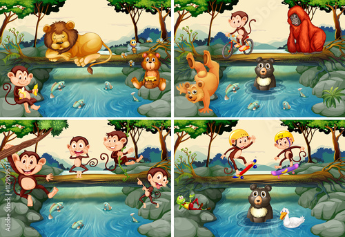 Canvas Print Four scenes with wild animals in the river