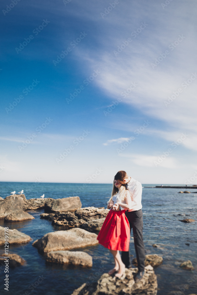 Charming bride, elegant groom on landscapes of mountains and sea Gorgeous wedding couple