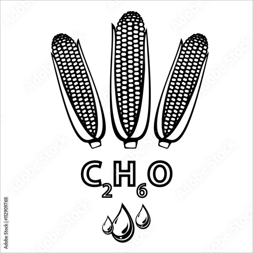 Corn ethanol biofuel, alternative and renewable energy supply source. Line icon of corn cobs, ethanol formula and liquid drops. Vector Illustration