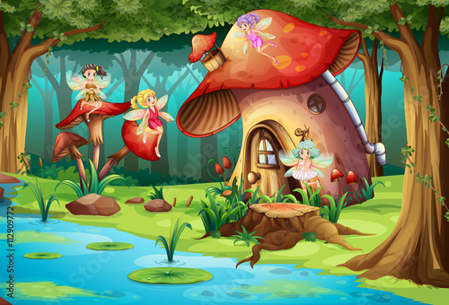 Fairies flying around mushroom house