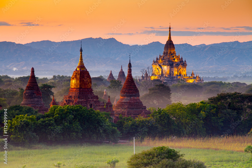 Beautiful sunset scene of Ancient Pagoda in Bagan, Myanmar