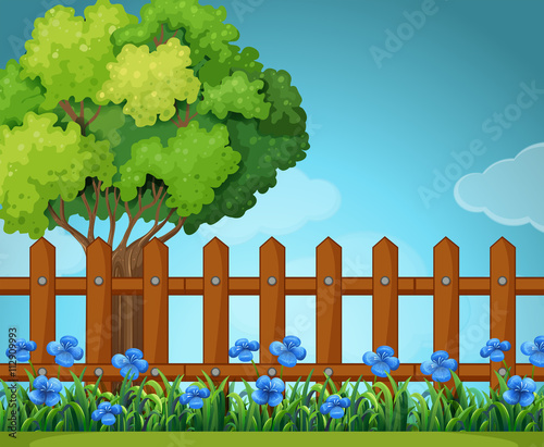 Scene with wooden fence in garden