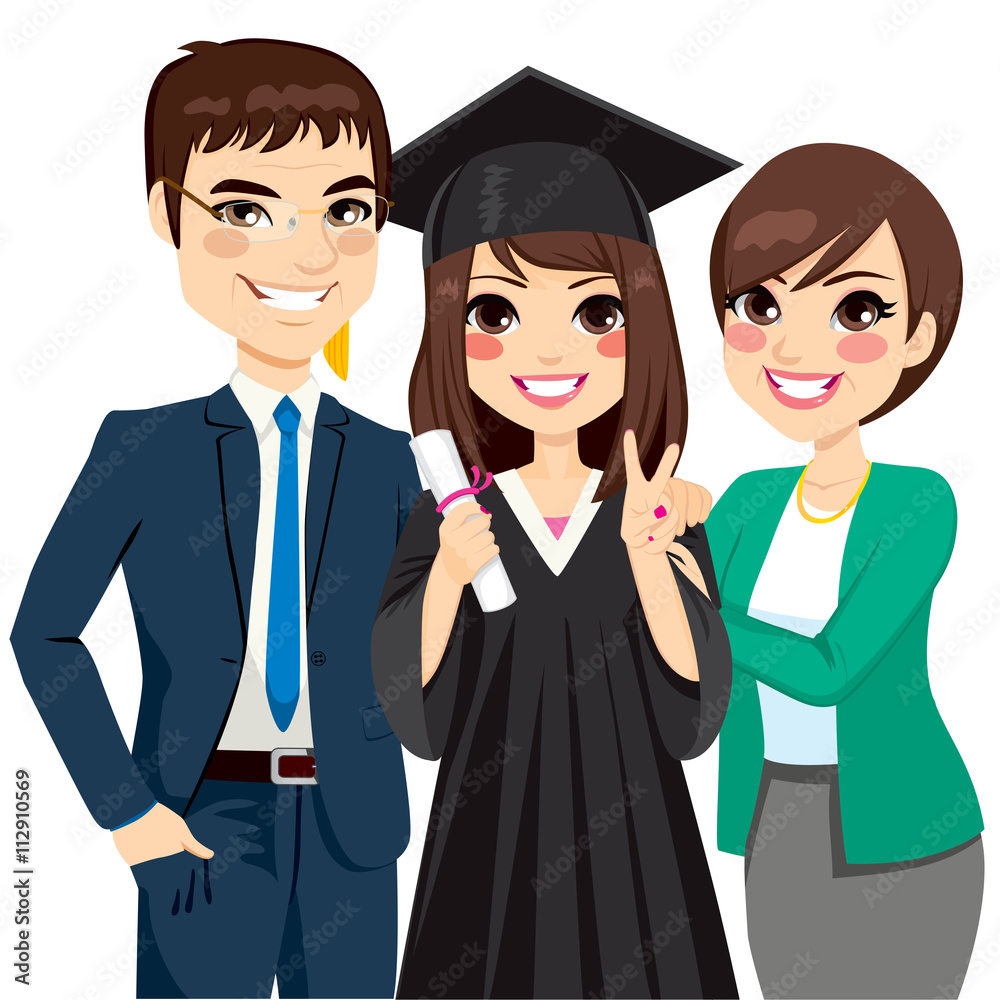 Parents standing proud and happy of daughter holding diploma on graduation ceremony Parents standing proud and happy of daughter holding diploma on graduation ceremony