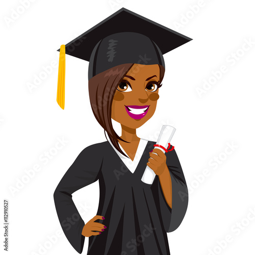 Beautiful african american girl on graduation day holding diploma and with hand on hip