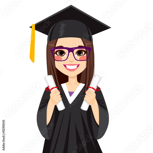 Beautiful brunette girl on graduation day with two diploma on both hands