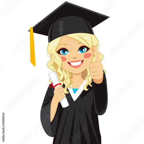 Beautiful blonde girl on graduation day with diploma and making thumbs up hand sign