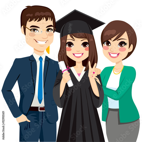 Parents standing proud and happy of daughter holding diploma on graduation ceremony