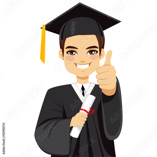 Happy brown haired boy on graduation day with diploma and making thumbs up hand gesture
