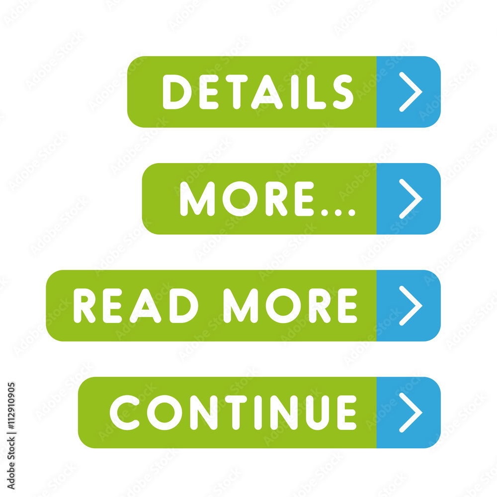 Call to action button set - Details, More, Read more, Continue Call to action button set - Details, More, Read more, Continue