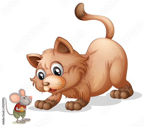 Brown cat looking at little mouse