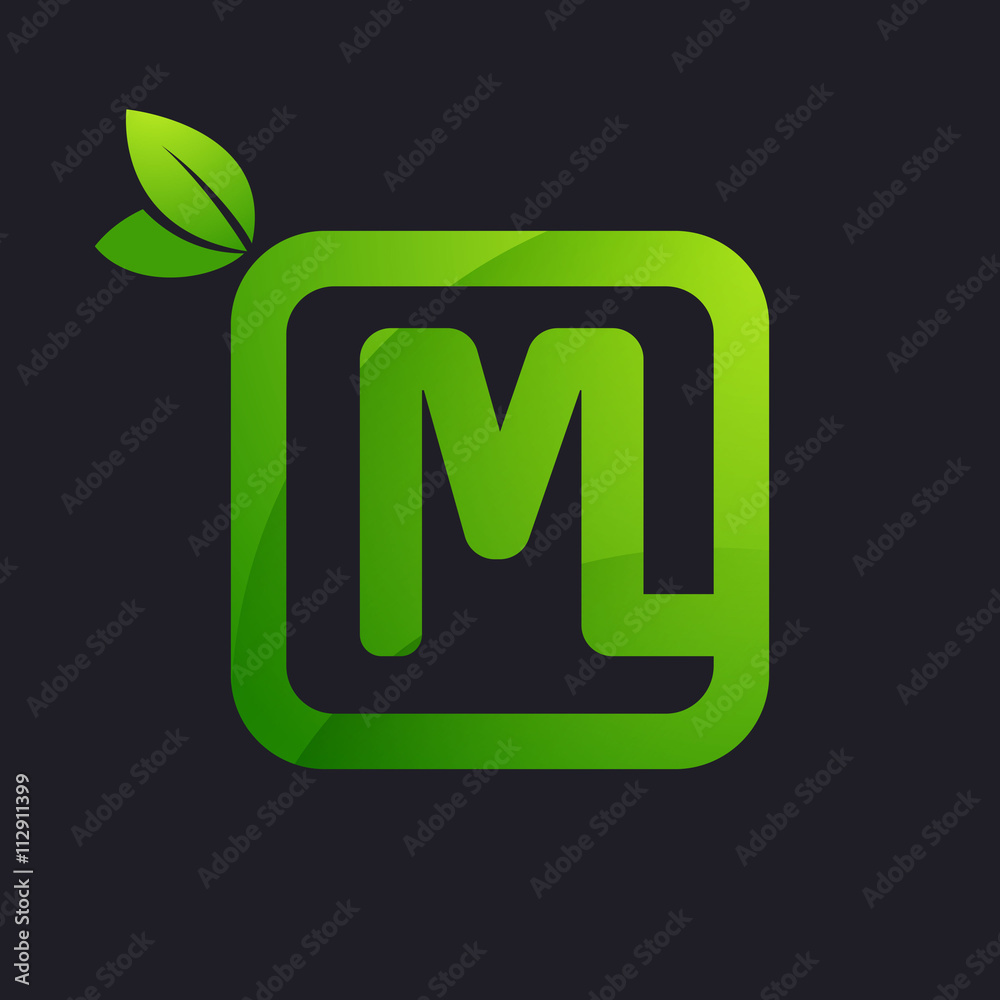 M letter logo in square and green leaves. M letter logo in square and green leaves.