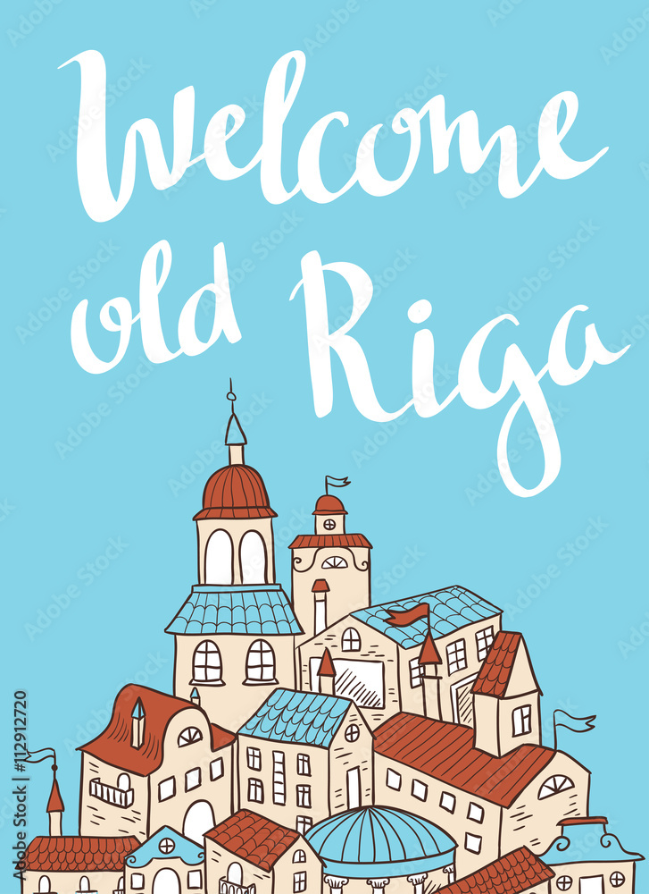 Fototapeta premium Hand drawn calligraphic vector quote with houses. Cute poster 