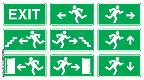 Green Emergency Exit Sign, Icon and Symbol Set