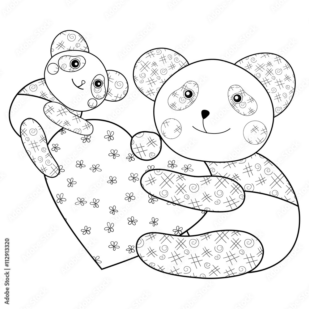 Obraz premium Panda with heart kid coloring book page.