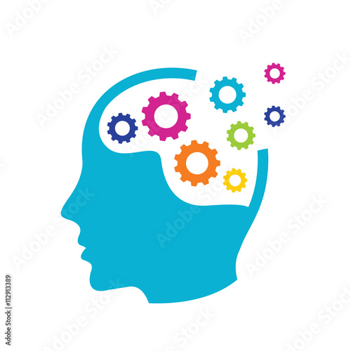 brain gear logo, head with gears concept.