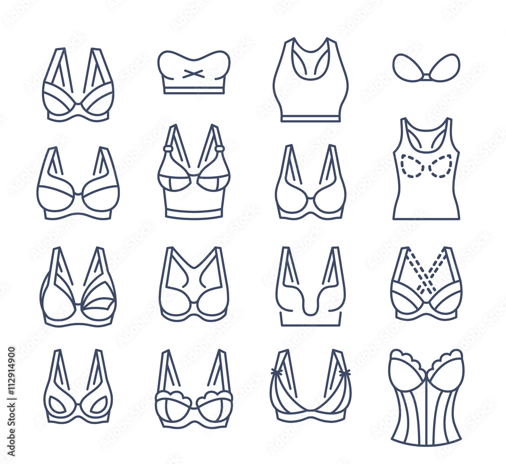 Bra design vector flat thin line icons set. Female underwear styles linear collection. Lingerie fashion outline infographic elements. Woman wardrobe garments. Various clothes symbols isolated on white Bra design vector flat thin line icons set. Female underwear styles linear collection. Lingerie fashion outline infographic elements. Woman wardrobe garments. Various clothes symbols isolated on white
