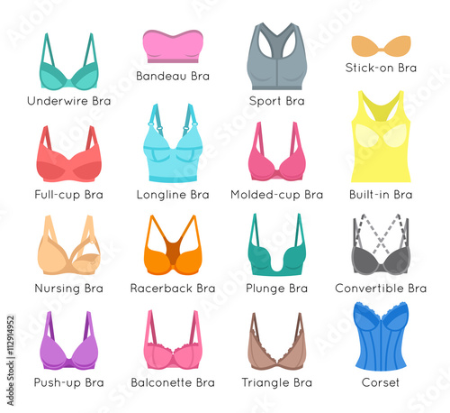 Bra design vector flat colorful icons set. Female underwear styles cartoon  collection. Lingerie fashion infographic elements. Woman wardrobe garments.  Various clothes symbols, isolated on white Stock Vector | Adobe Stock