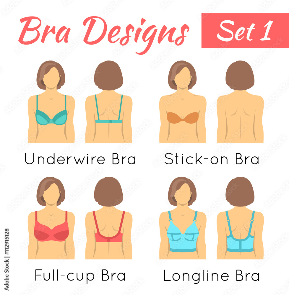 Bra design vector flat icons set. Female torso in different types of  brassieres. Front and back view. Lingerie fashion infographic elements.  Woman wears underwire, invisible, full cup, longline bras Stock Vector