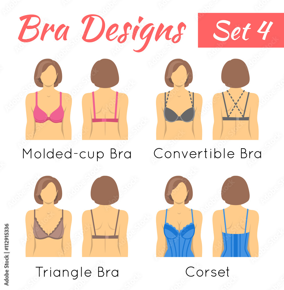 Bra design vector flat icons set. Female torso in different types of  brassieres. Front and back view. Lingerie fashion infographic elements.  Woman wears molded-cup, convertible, triangle bras, corset Stock Vector