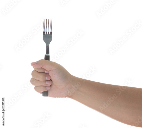 hand holding a silver fork  isolated on white