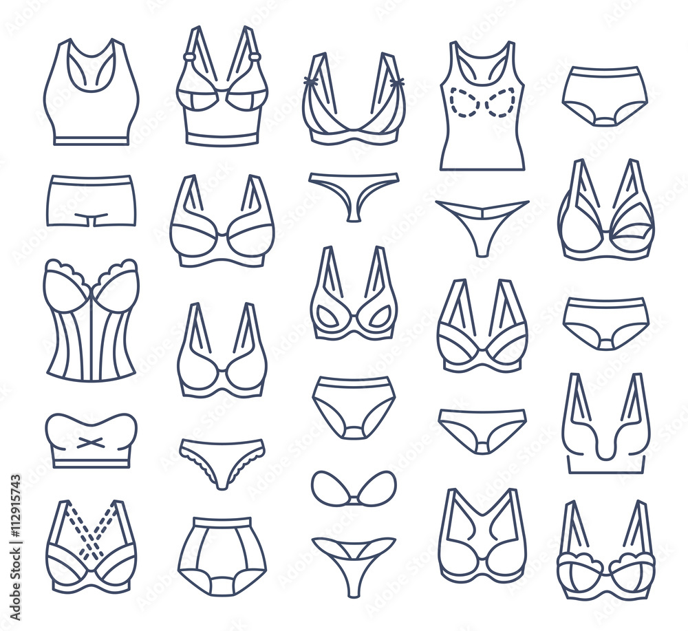 Lingerie fashion infographic elements. Female underwear linear collection.  Bra design and panties styles vector flat thin line icons set. Woman  wardrobe garments. Various clothes isolated symbols Stock Vector