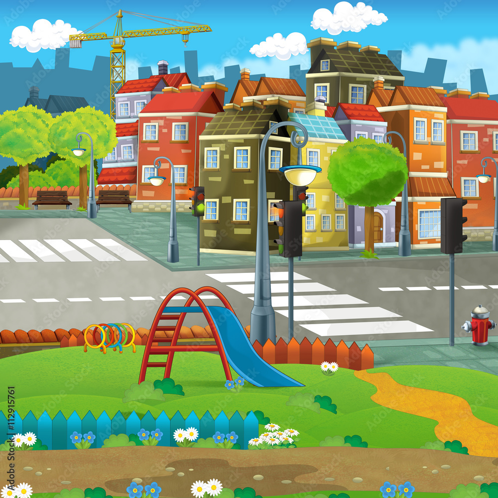 Cartoon scene of a street - small town - stage for different usage -  illustration for children Stock Illustration | Adobe Stock