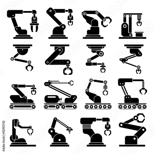 Industrial mechanical robot arm vector icons. Automotive system robotic industrial. Tool industrial automatic mechanical illustration