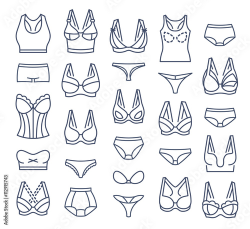 Lingerie fashion infographic elements. Female underwear linear collection. Bra design and panties styles vector flat thin line icons set. Woman wardrobe garments. Various clothes isolated symbols