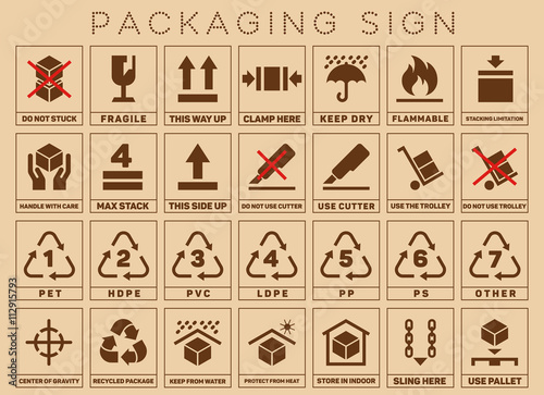 Packaging signs or packaging symbols. Packaging symbol standard and care pack. Vector illustration