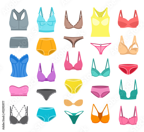 Bra design and panties styles vector flat colorful icons set. Female underwear cartoon collection. Lingerie fashion infographic elements. Woman wardrobe garments. Various clothes isolated symbols